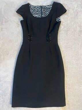 Tahari Black Cap-Sleeve Sheath Dress with Lace-Up Waist Detail